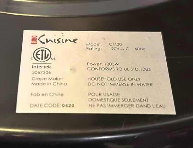 Photo 1 of EURO CUISINE CREPE MAKER & MULTIPURPOSE GRILL (CM20)