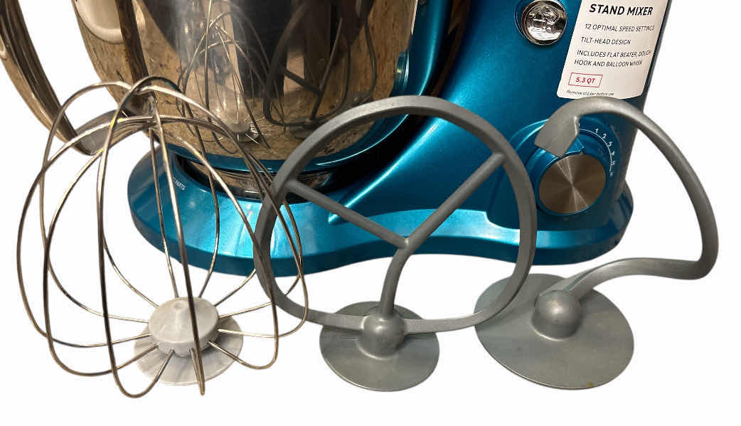 Photo 1 of COOKS 5.3 QT STAND MIXER W SPLASH SHIELD, FLAT BEATER, DOUGH HOOK & BALLOON WHISK (TEAL, MODEL YM-611)