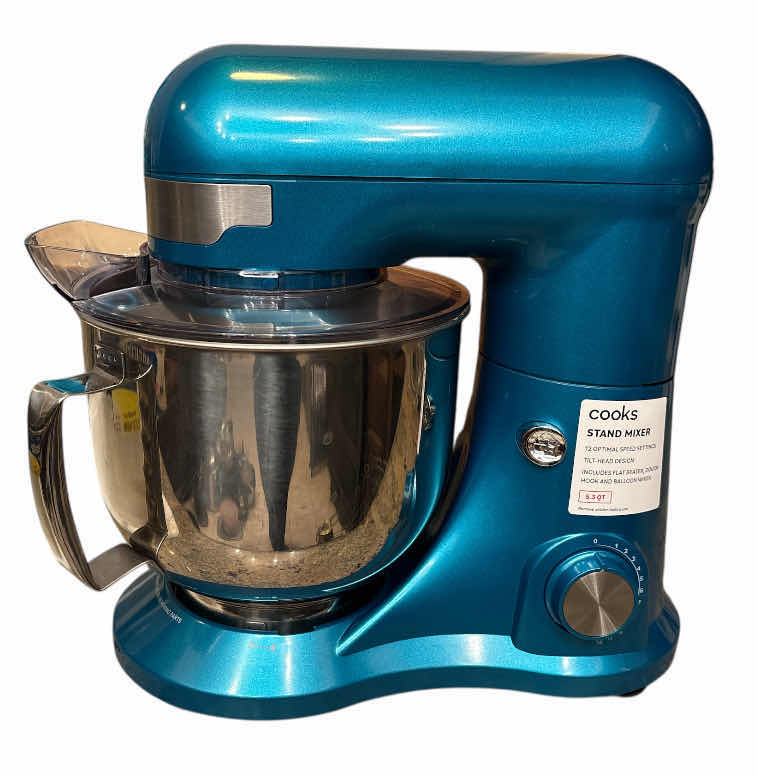 Photo 1 of COOKS 5.3 QT STAND MIXER W SPLASH SHIELD, FLAT BEATER, DOUGH HOOK & BALLOON WHISK (TEAL, MODEL YM-611)