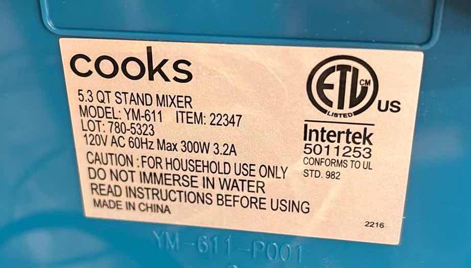 Photo 1 of COOKS 5.3 QT STAND MIXER W SPLASH SHIELD, FLAT BEATER, DOUGH HOOK & BALLOON WHISK (TEAL, MODEL YM-611)