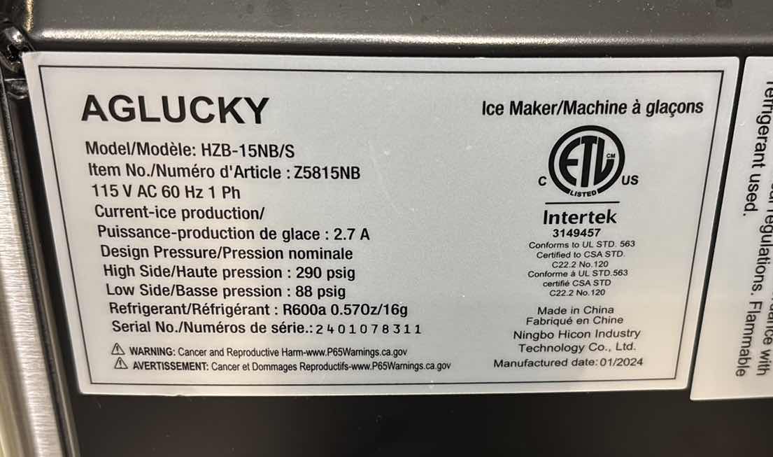 Photo 1 of AGLUCKY COUNTERTOP NUGGET ICE MAKER, 35 LBS/24H, STAINLESS STEEL SILVER (MODEL HZB-15NB/S)