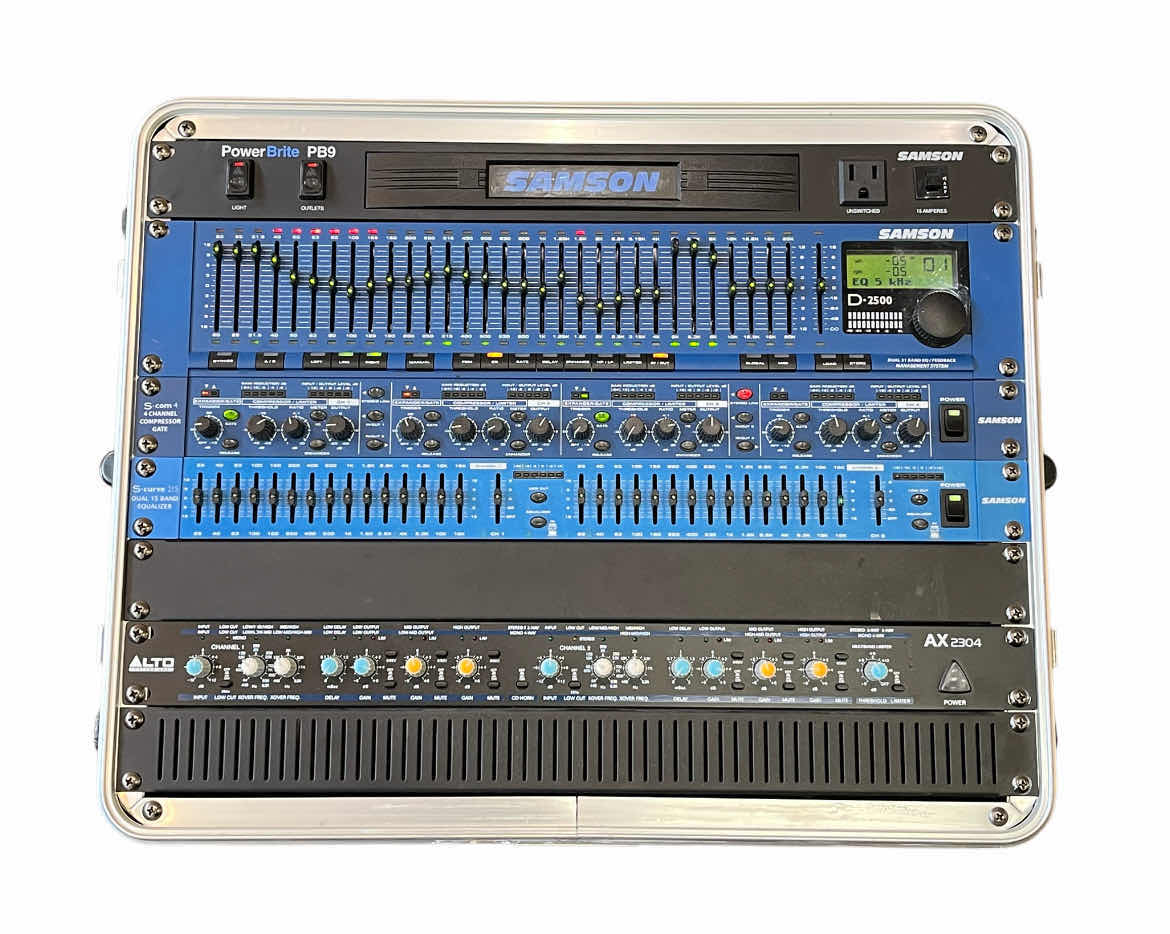 Photo 1 of SAMSON-POWER BRITE PB9, DUAL 31 BAND EQ/FEEDBACK MANAGEMENT SYSTEM D2500, 4-CHANNEL COMPRESSOR GATE S-COM 4, DUAL 15 BAND EQUALIZER S-CURVE 215 & ALTO PROFESSIONAL CROSSOVER AX 2304 W STAGG HARD-CASE 22” X 22.5” H16”