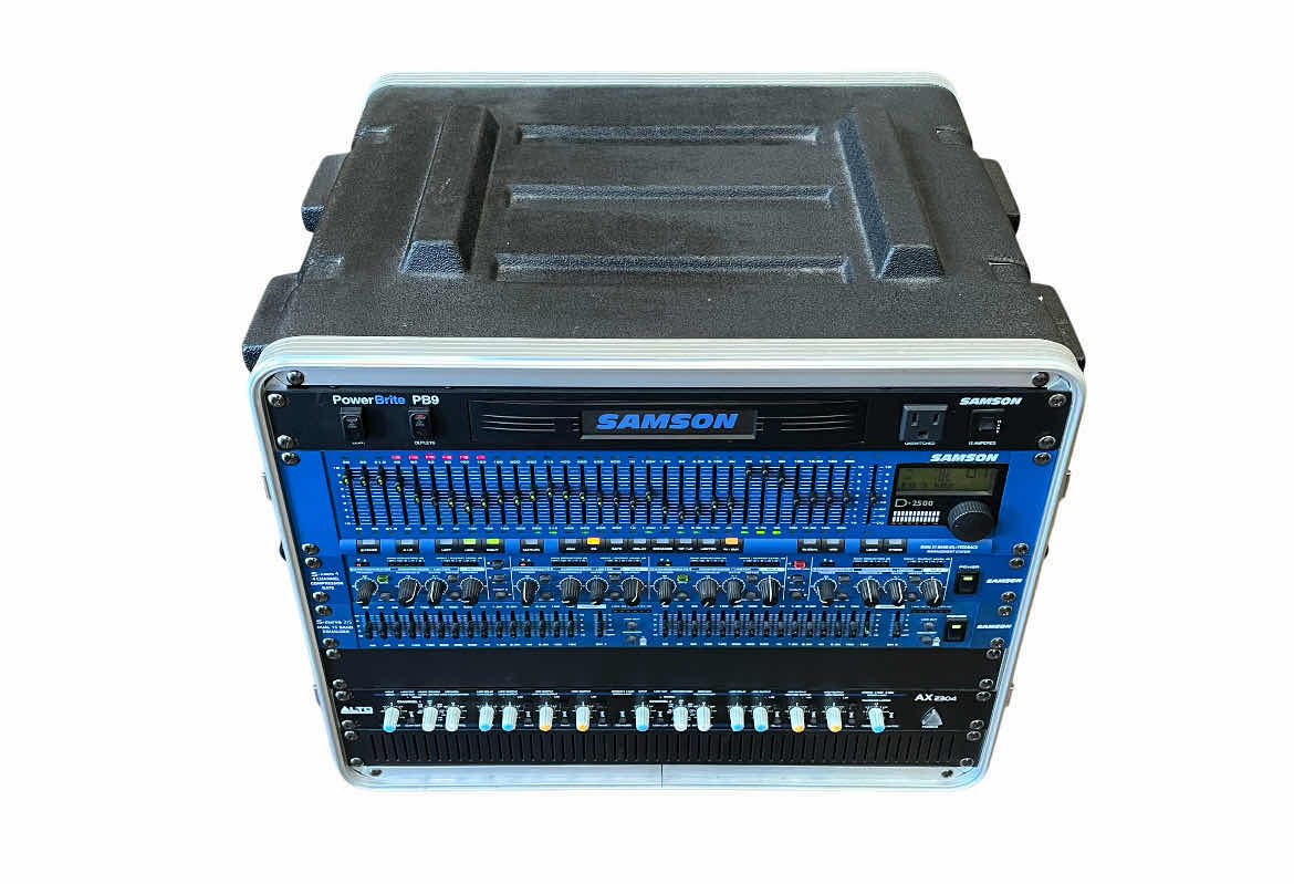 Photo 1 of SAMSON-POWER BRITE PB9, DUAL 31 BAND EQ/FEEDBACK MANAGEMENT SYSTEM D2500, 4-CHANNEL COMPRESSOR GATE S-COM 4, DUAL 15 BAND EQUALIZER S-CURVE 215 & ALTO PROFESSIONAL CROSSOVER AX 2304 W STAGG HARD-CASE 22” X 22.5” H16”