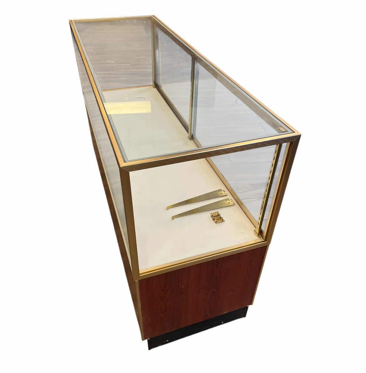 View 2 of RETAIL CHERRY WOOD & GOLD FINISH CLEAR GLASS PANEL JEWELRY COUNTER DISPLAY CASE 60” X 20” H38”