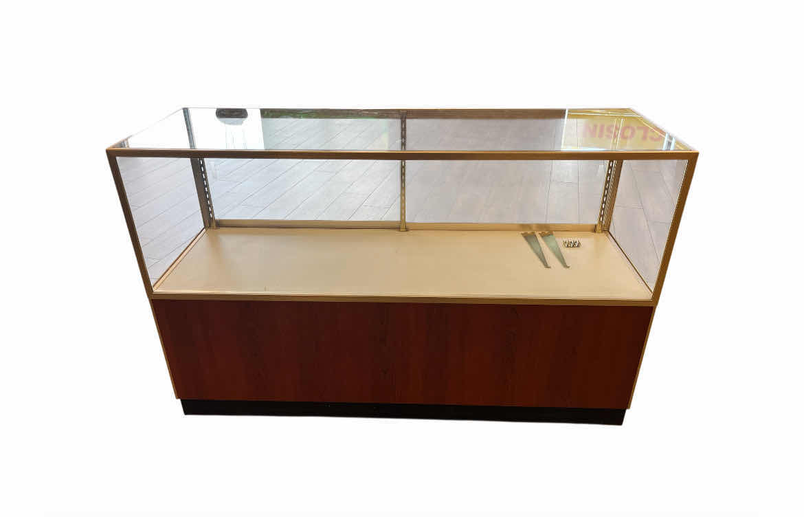 View 1 of RETAIL CHERRY WOOD & GOLD FINISH CLEAR GLASS PANEL JEWELRY COUNTER DISPLAY CASE 60” X 20” H38”