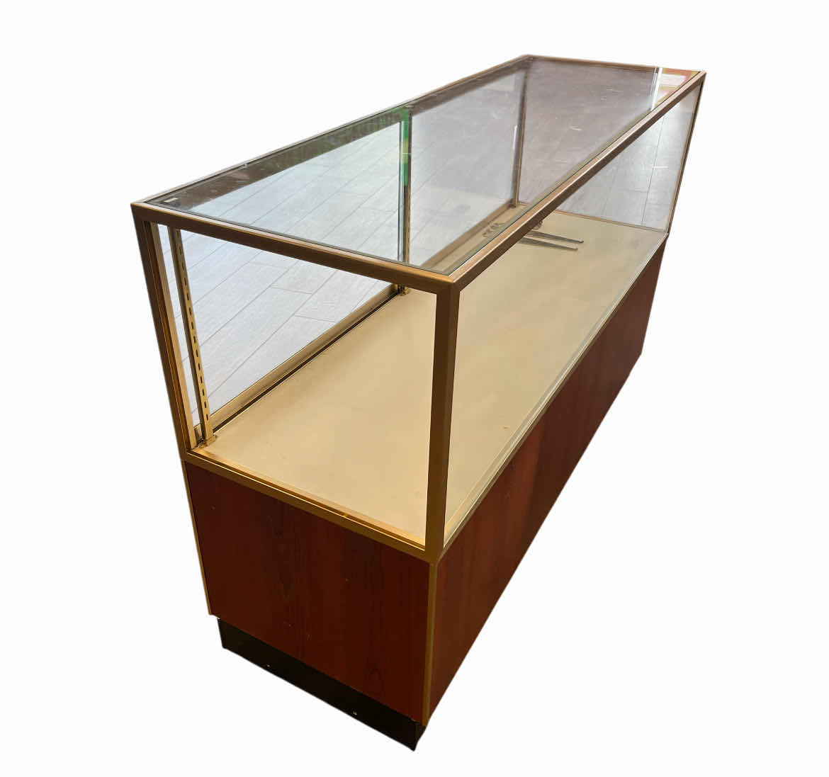 View 3 of RETAIL CHERRY WOOD & GOLD FINISH CLEAR GLASS PANEL JEWELRY COUNTER DISPLAY CASE 60” X 20” H38”