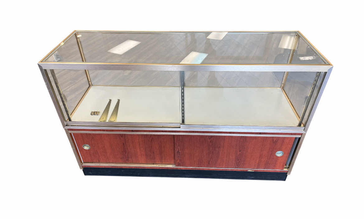 View 4 of RETAIL CHERRY WOOD & GOLD FINISH CLEAR GLASS PANEL JEWELRY COUNTER DISPLAY CASE 60” X 20” H38”