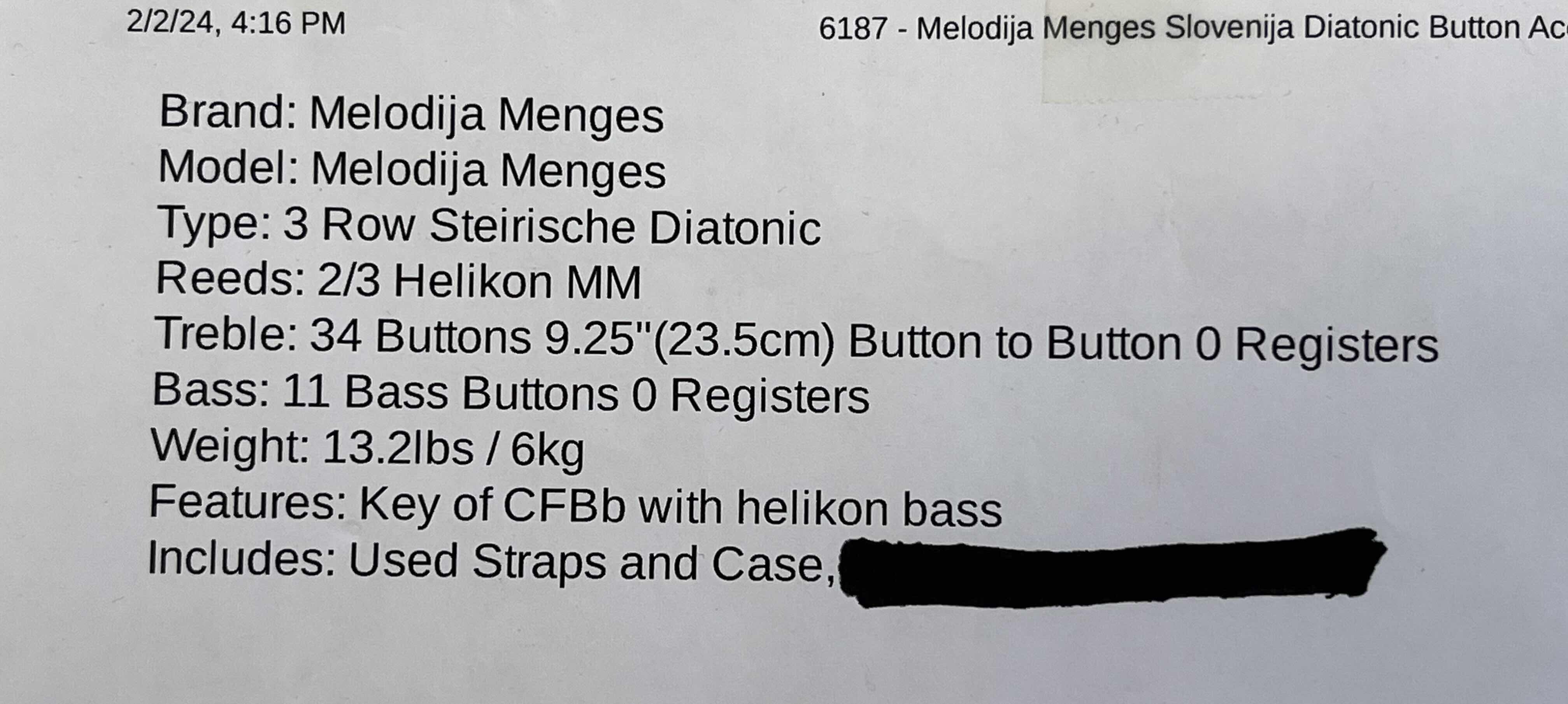 Photo 1 of MELODIJA MENNGES 3 ROW STEIRICHE DIATONIC 34 TREBLE & 11 HELIKON BASS BUTTONS ACCORDION W VINTAGE HARD CASE & MUSIC BOOKS