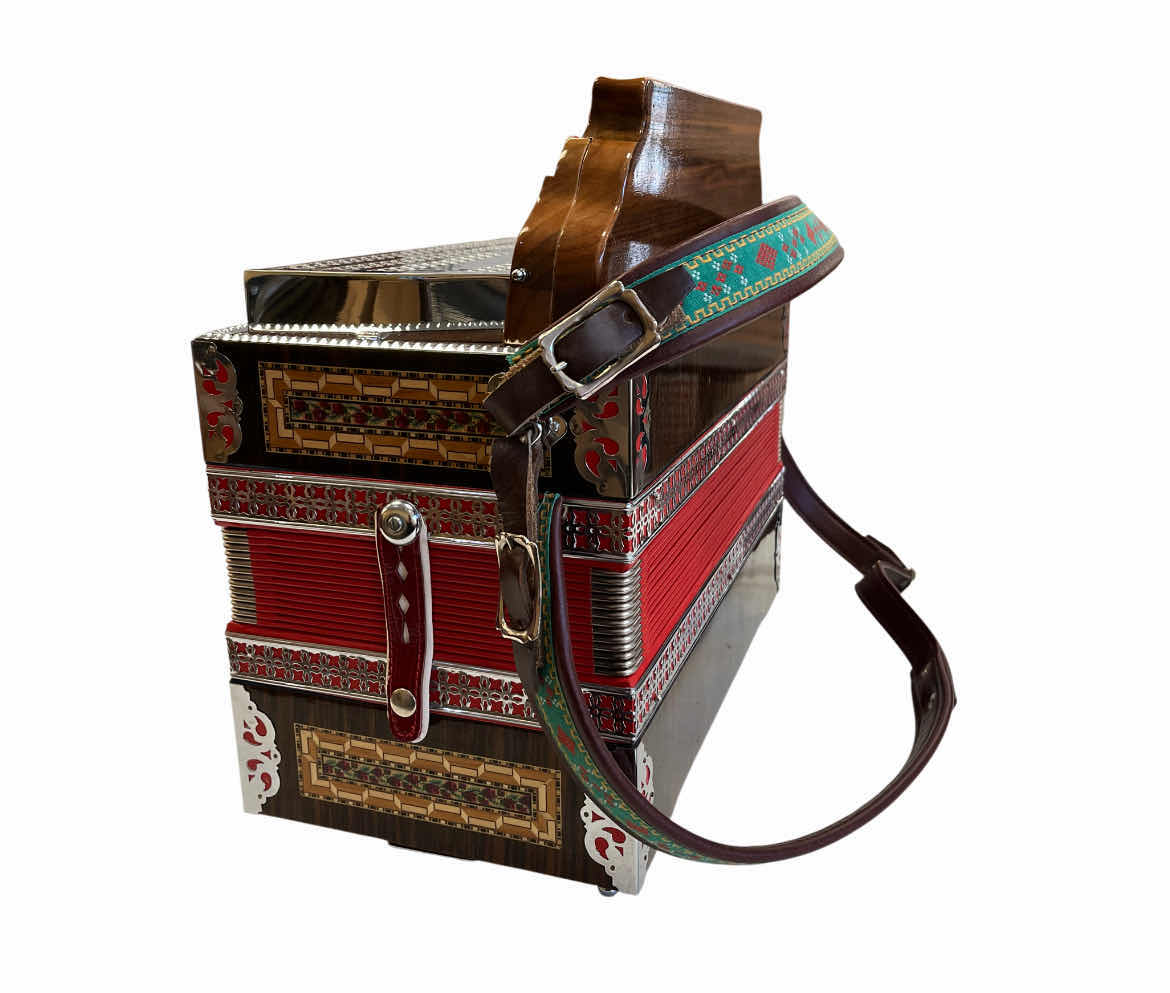 Photo 1 of MELODIJA MENNGES 3 ROW STEIRICHE DIATONIC 34 TREBLE & 11 HELIKON BASS BUTTONS ACCORDION W VINTAGE HARD CASE & MUSIC BOOKS