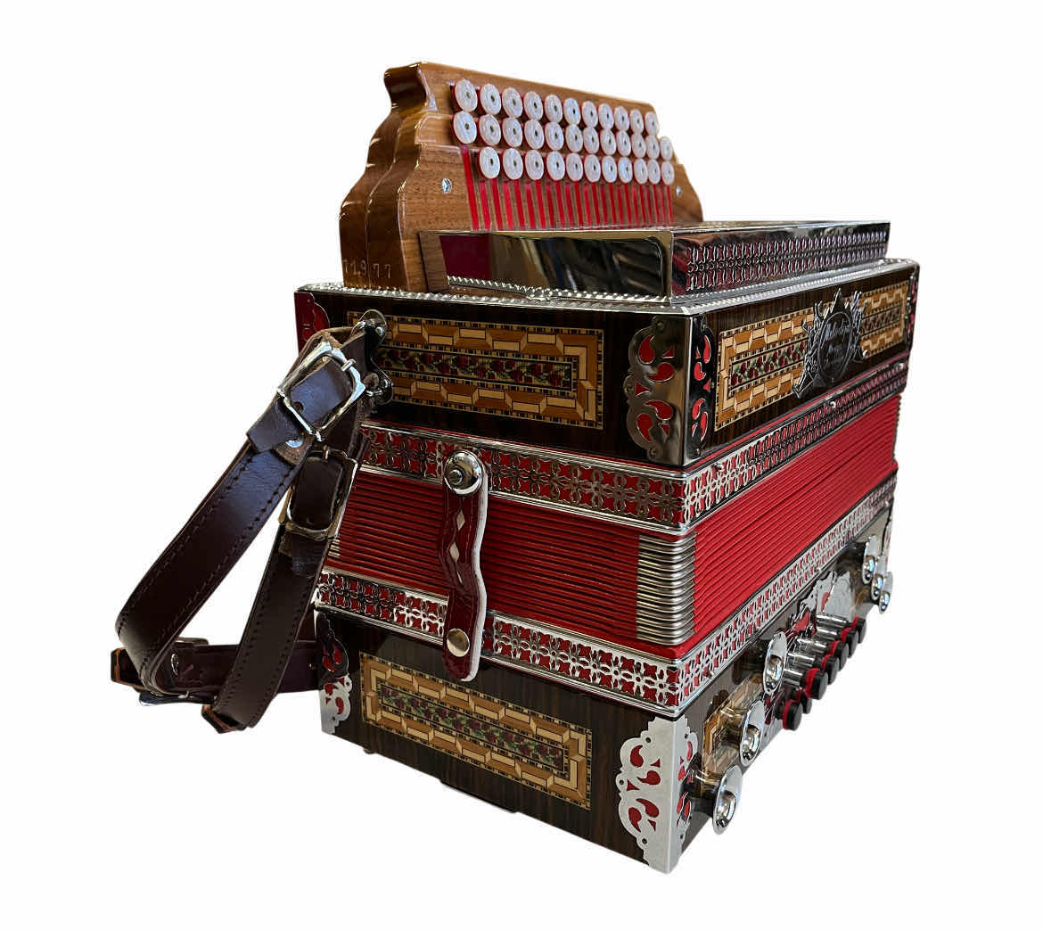 Photo 1 of MELODIJA MENNGES 3 ROW STEIRICHE DIATONIC 34 TREBLE & 11 HELIKON BASS BUTTONS ACCORDION W VINTAGE HARD CASE & MUSIC BOOKS