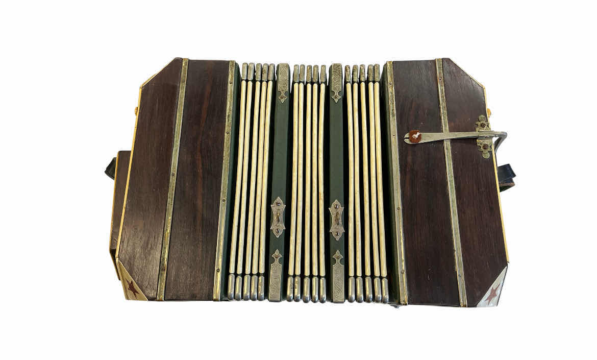 Photo 1 of E.GLASS & SONS BANDONEON CONCERTINA W LEATHER WRAPPED WOOD CASE