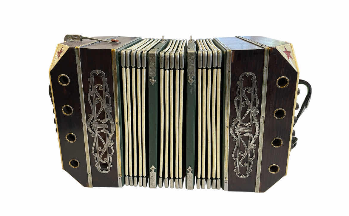 Photo 1 of E.GLASS & SONS BANDONEON CONCERTINA W LEATHER WRAPPED WOOD CASE