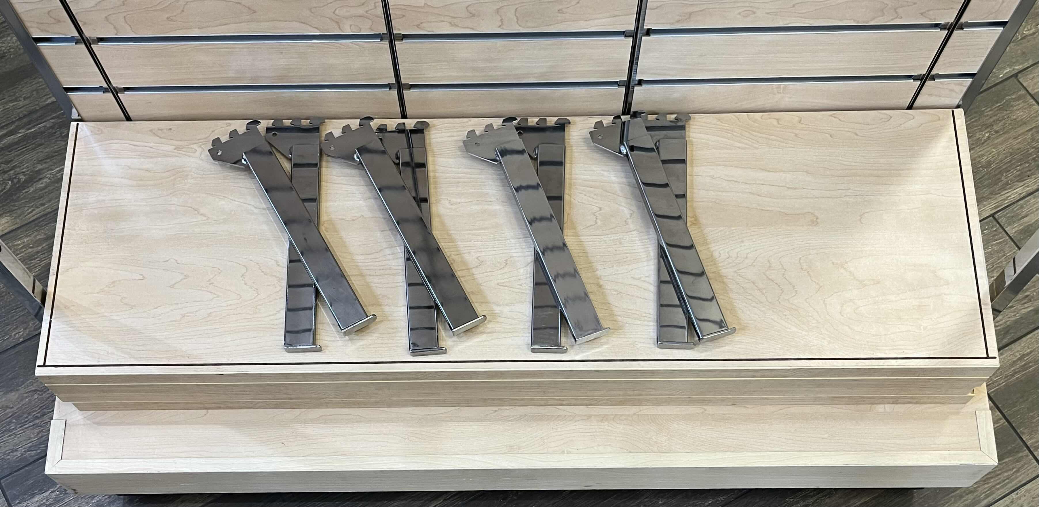 Photo 1 of COMMERCIAL RETAIL NATURAL WOOD & CHROME FINISH DUAL SIDED FREESTANDING ROLLING SLAT WALL W 4 SHELVES 50.5” X 39” H62”