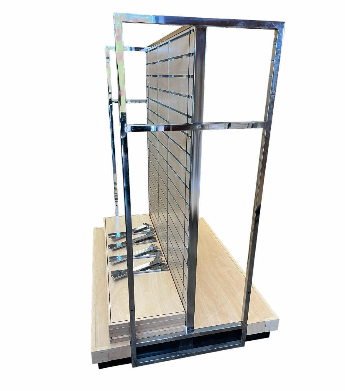 Photo 1 of COMMERCIAL RETAIL NATURAL WOOD & CHROME FINISH DUAL SIDED FREESTANDING ROLLING SLAT WALL W 4 SHELVES 50.5” X 39” H62”