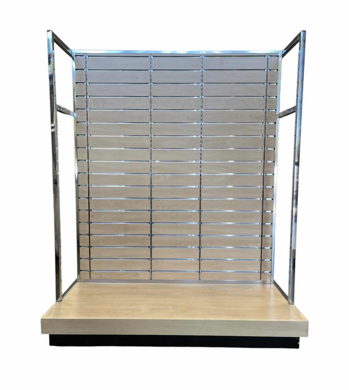 Photo 1 of COMMERCIAL RETAIL NATURAL WOOD & CHROME FINISH DUAL SIDED FREESTANDING ROLLING SLAT WALL W 4 SHELVES 50.5” X 39” H62”