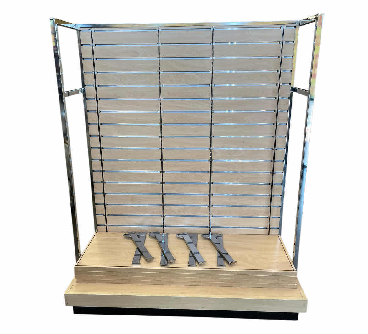 Photo 1 of COMMERCIAL RETAIL NATURAL WOOD & CHROME FINISH DUAL SIDED FREESTANDING ROLLING SLAT WALL W 4 SHELVES 50.5” X 39” H62”