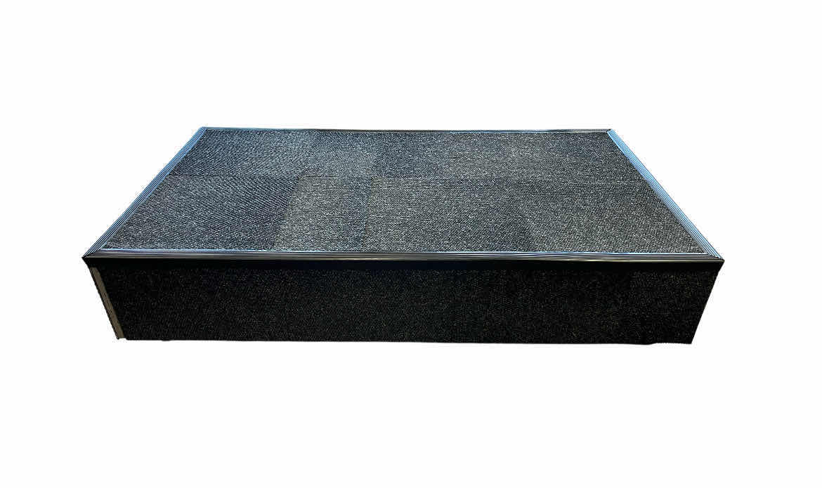 Photo 1 of COMMERCIAL RETAIL SLATE GRAY CARPET TILED ROLLING STAGE PLATFORM 85” X 49” H18”