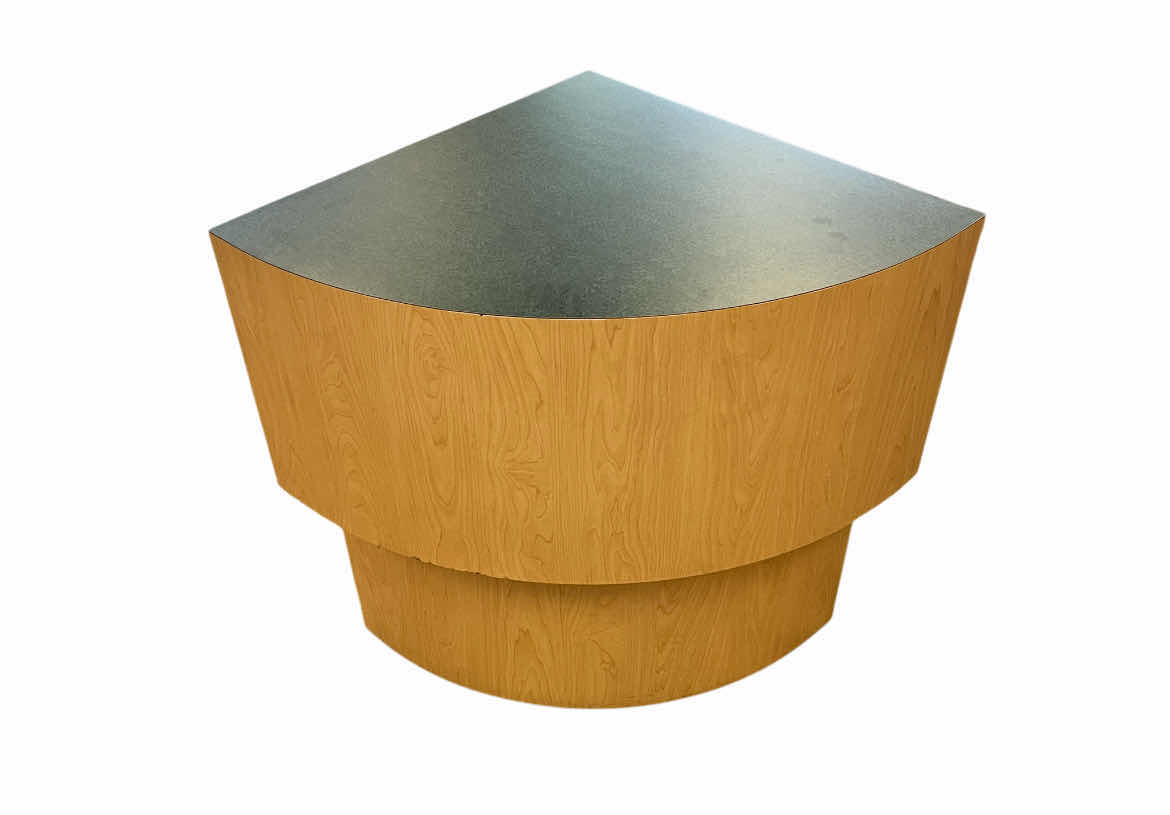 Photo 1 of COMMERCIAL RETAIL NATURAL WOOD SIDE GREEN TOP FINISH CORNER DISPLAY PLATFORM 34” X 24” H30”