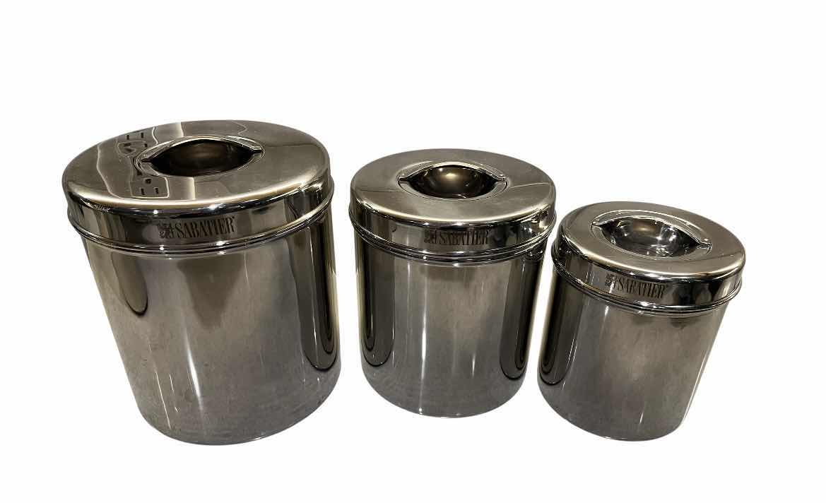 Photo 1 of SABATIER STAINLESS STEEL KITCHEN CONTAINERS (3) 6.5”,5.5”,4.5” X 7.5”,6.5”,5.5”