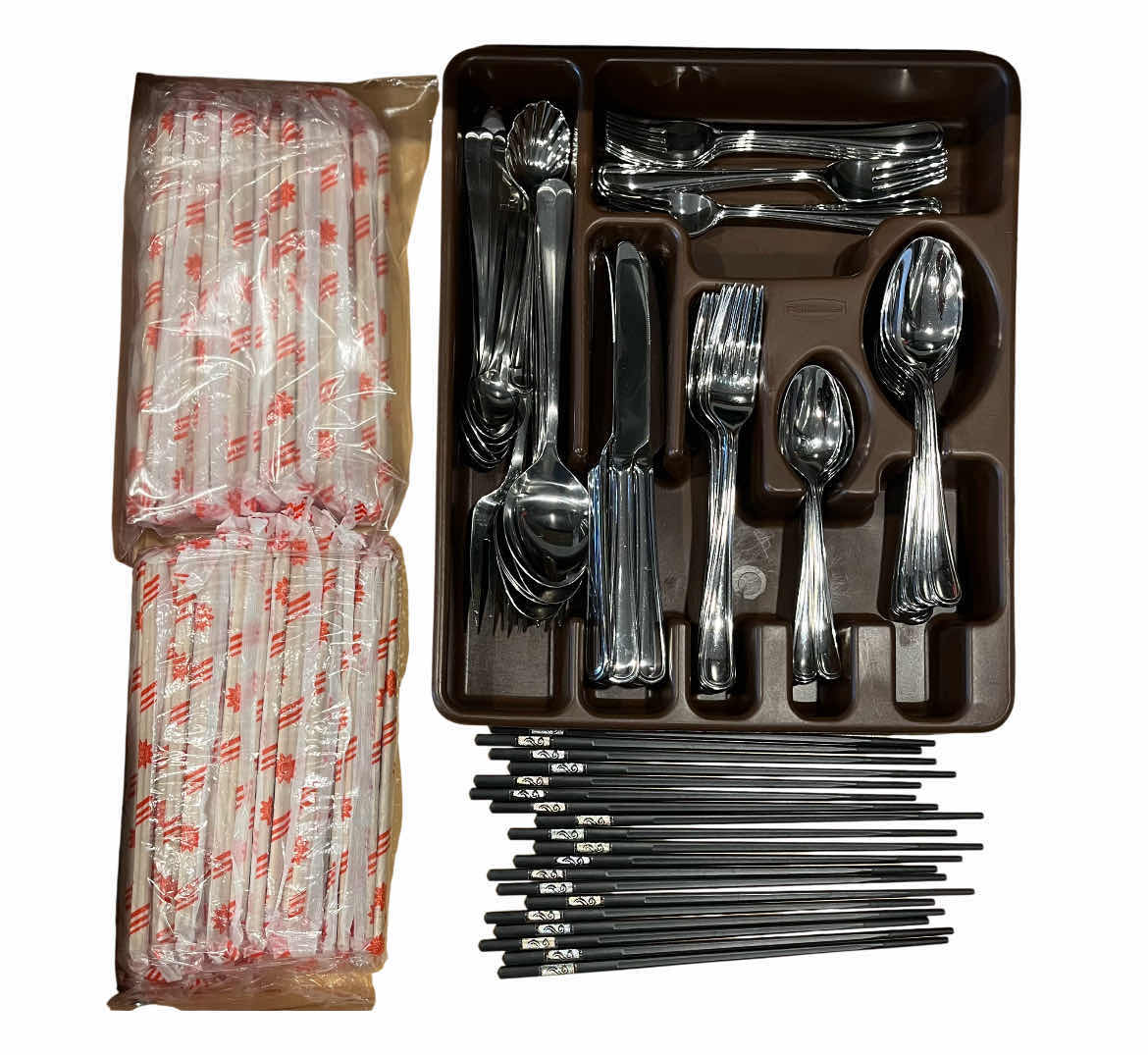 Photo 1 of JA HENCKELS INTERNATIONAL FLATWARE SET, RUBBERMAID FLATWARE CADDY, FANCY BLACK CHOP STICKS & DISPOSABLE WOOD CHOPSTICKS