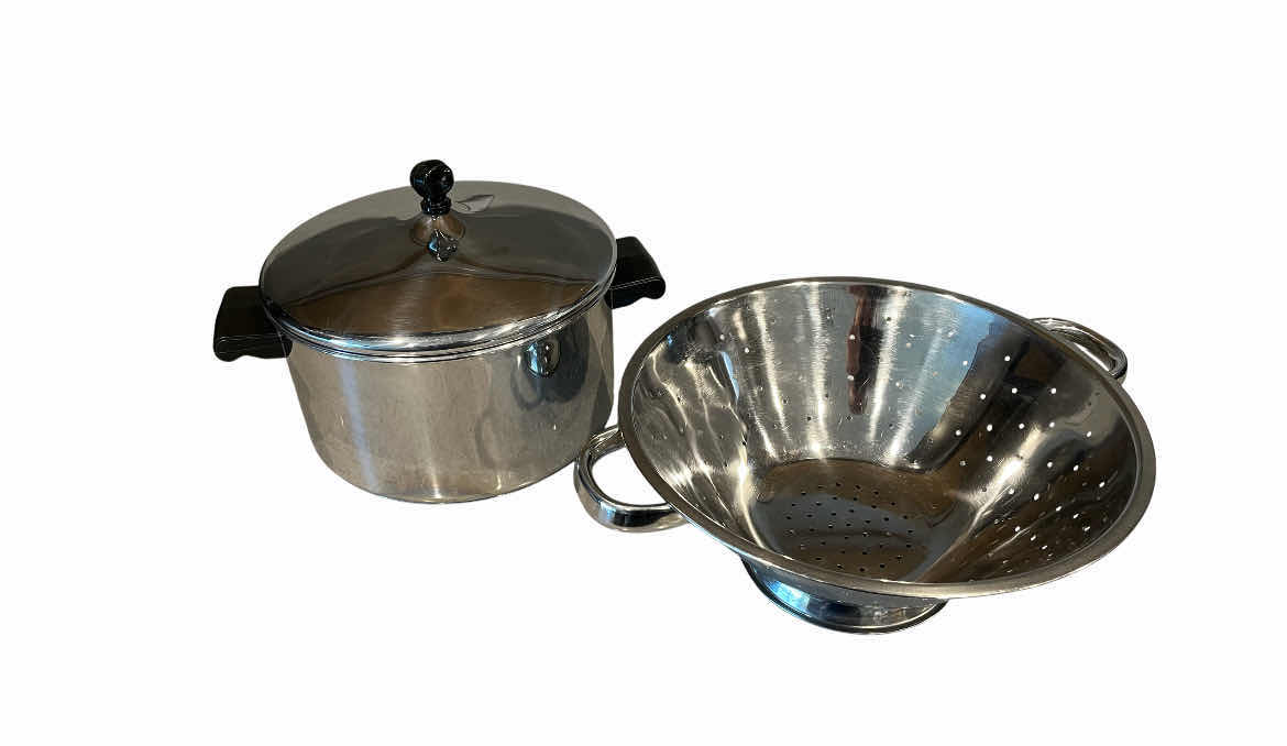 Photo 1 of FABERWARE 6QT STAINLESS STEEL SAUCE PAN W LID & STAINLESS STEEL 11.75” COLANDER STRAINER