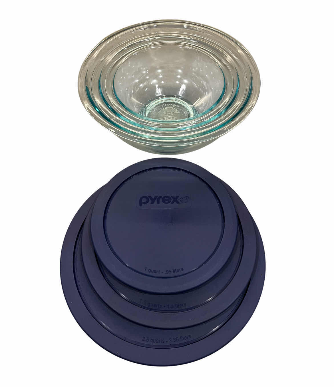 Photo 1 of PYREX 3PC GLASS ROUND FOOD STORAGE CONTAINER SET W LIDS 1QT,1.5QT,2.5QT