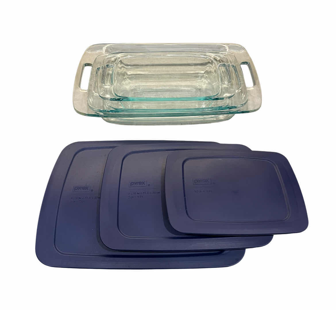 Photo 1 of PYREX 3PC GLASS ROUND FOOD STORAGE CONTAINER/ CASSEROLE DISH SET W LIDS 1.5QT,2QT,3QT