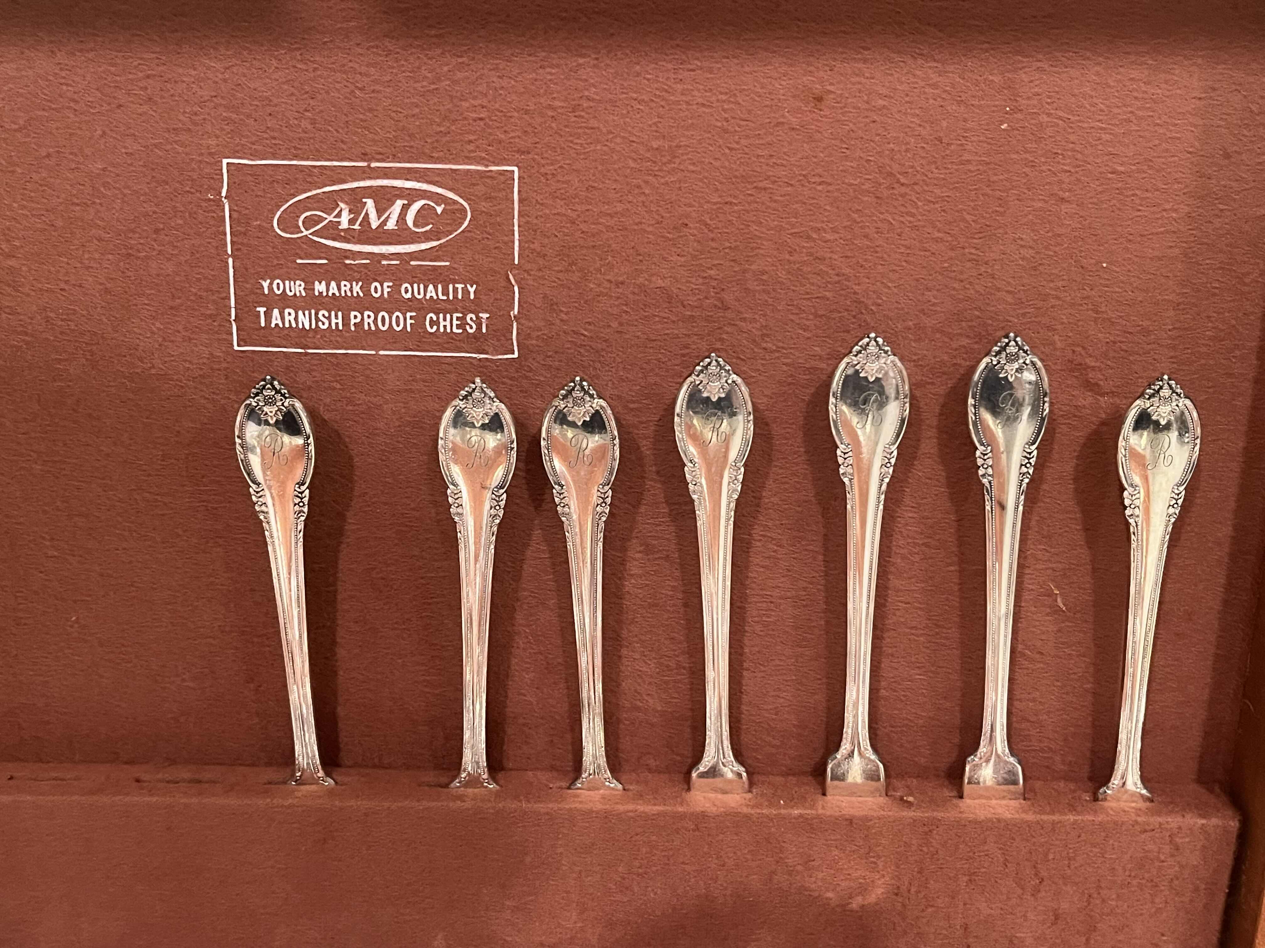 Photo 1 of ROGERS BROS IS 1847 REMEMBRANCE 77PC SILVERWARE SET W AMC WOOD CHEST & MIXED STERLING, SILVER-PLATED, STAINLESS FLATWARE