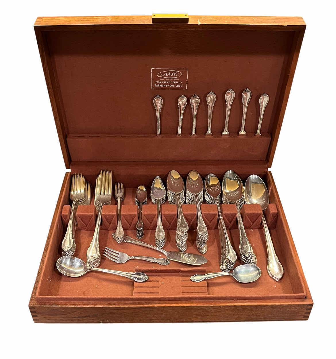 Photo 1 of ROGERS BROS IS 1847 REMEMBRANCE 77PC SILVERWARE SET W AMC WOOD CHEST & MIXED STERLING, SILVER-PLATED, STAINLESS FLATWARE