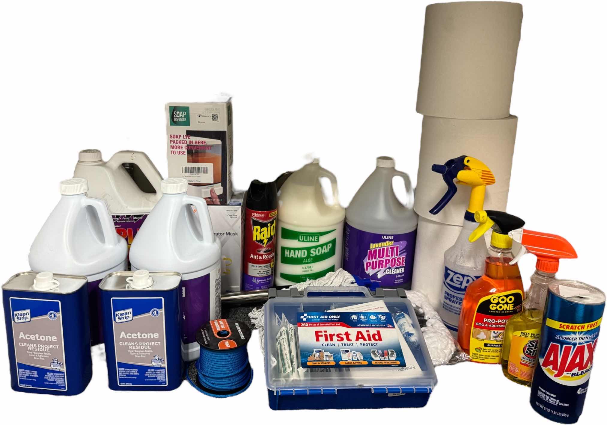 Photo 1 of CONTENTS OF CABINET- INDUSTRIAL CLEANING SUPPLIES W FIRST AID
