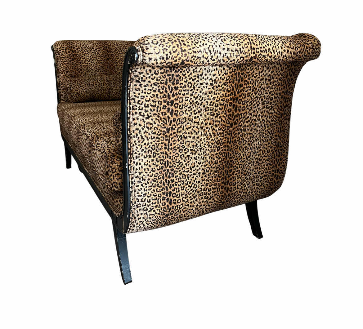 Photo 1 of CHEETAH PRINT UPHOLSTERED DARK WOOD FRAME CHAISE 68” X 26” H34”