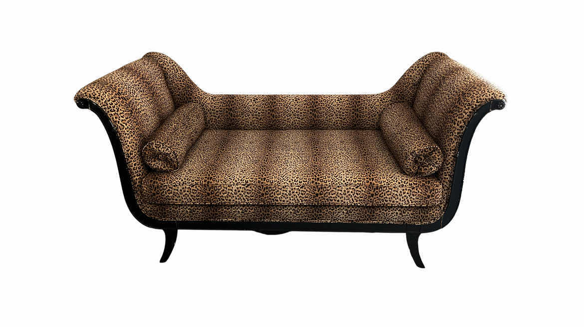 Photo 1 of CHEETAH PRINT UPHOLSTERED DARK WOOD FRAME CHAISE 68” X 26” H34”