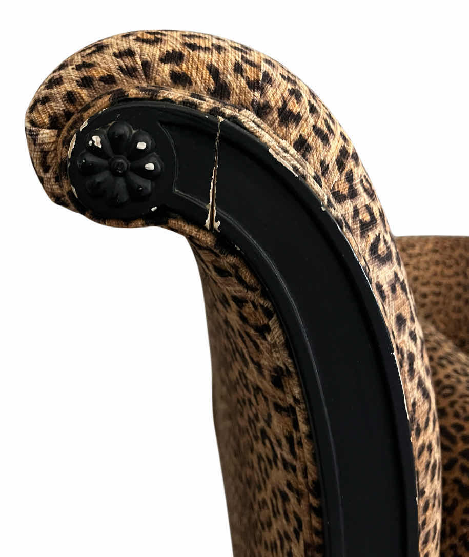 Photo 1 of CHEETAH PRINT UPHOLSTERED DARK WOOD FRAME CHAISE 68” X 26” H34”