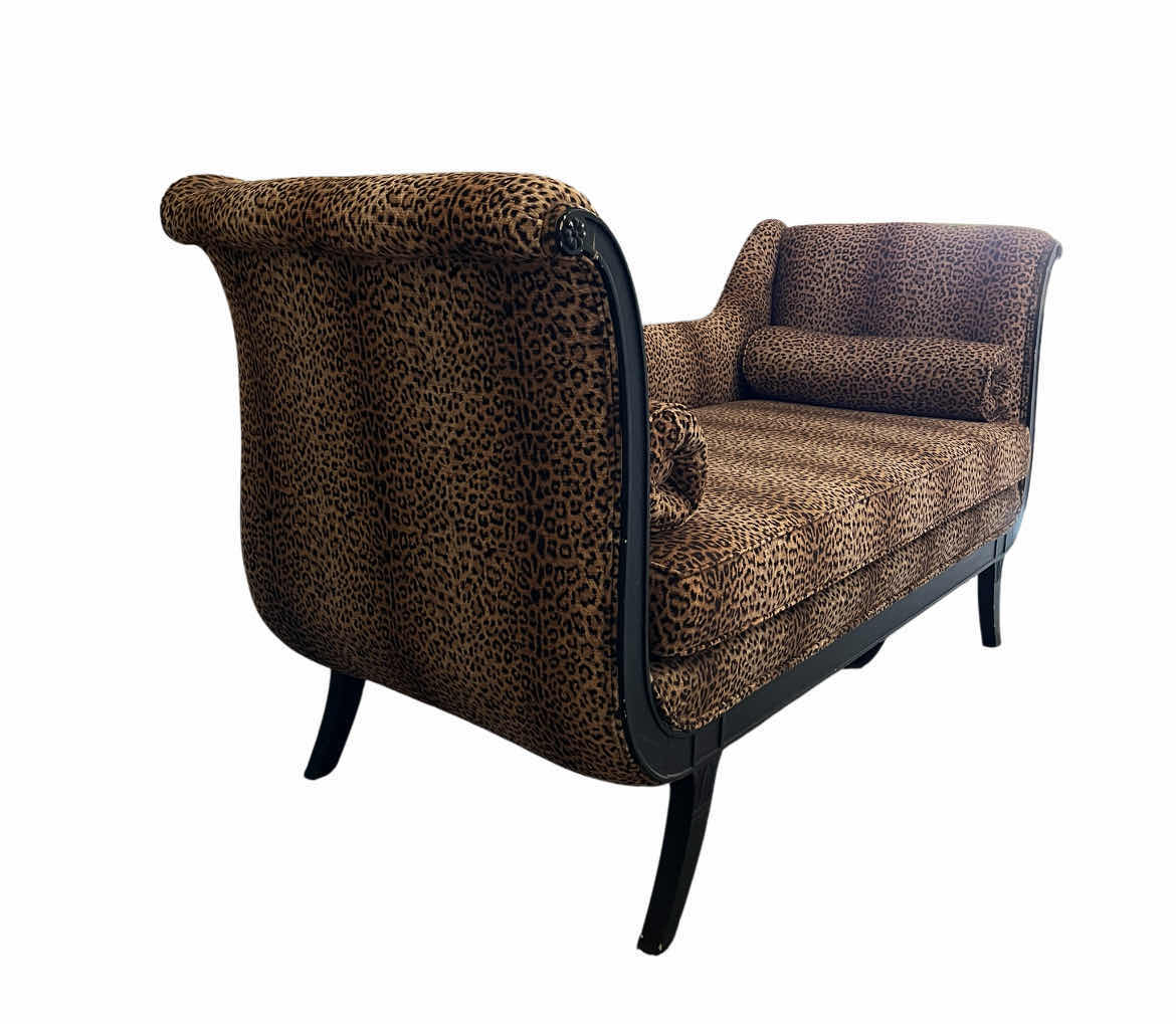 Photo 1 of CHEETAH PRINT UPHOLSTERED DARK WOOD FRAME CHAISE 68” X 26” H34”