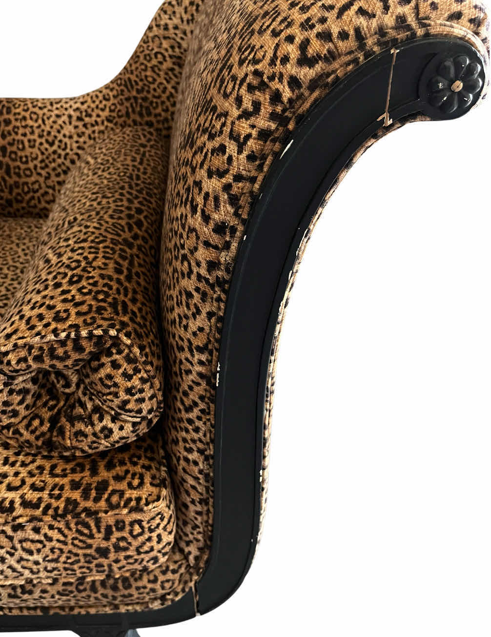 Photo 1 of CHEETAH PRINT UPHOLSTERED DARK WOOD FRAME CHAISE 68” X 26” H34”