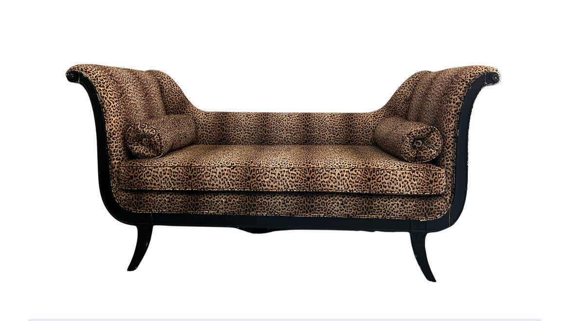 Photo 1 of CHEETAH PRINT UPHOLSTERED DARK WOOD FRAME CHAISE 68” X 26” H34”