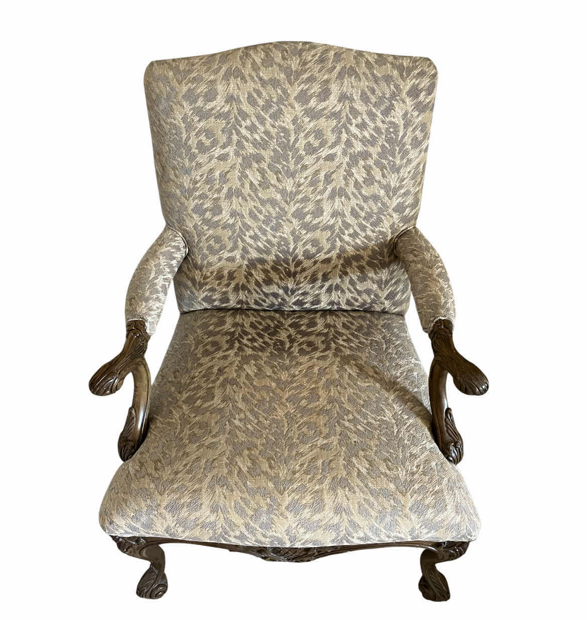 Photo 1 of SHERRILL VICTORIAN STYLE LEOPARD PRINT UPHOLSTERED ORNATE WOOD CARVED ARM CHAIR 27” X 30” H39”