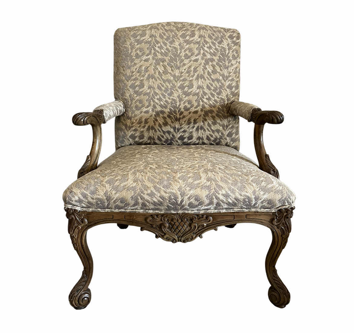 Photo 1 of SHERRILL VICTORIAN STYLE LEOPARD PRINT UPHOLSTERED ORNATE WOOD CARVED ARM CHAIR 27” X 30” H39”