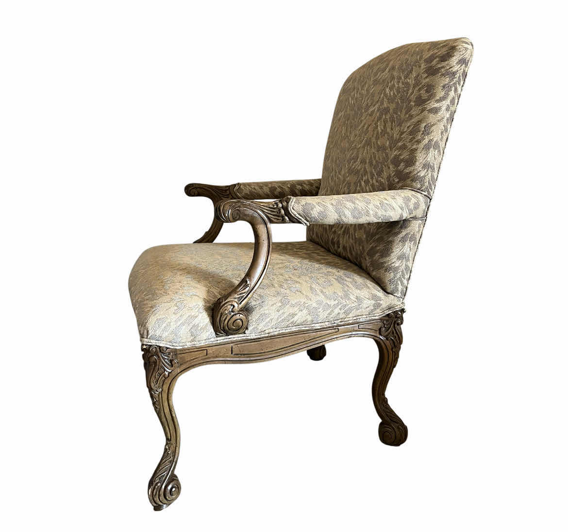 Photo 1 of SHERRILL VICTORIAN STYLE LEOPARD PRINT UPHOLSTERED ORNATE WOOD CARVED ARM CHAIR 27” X 30” H39”