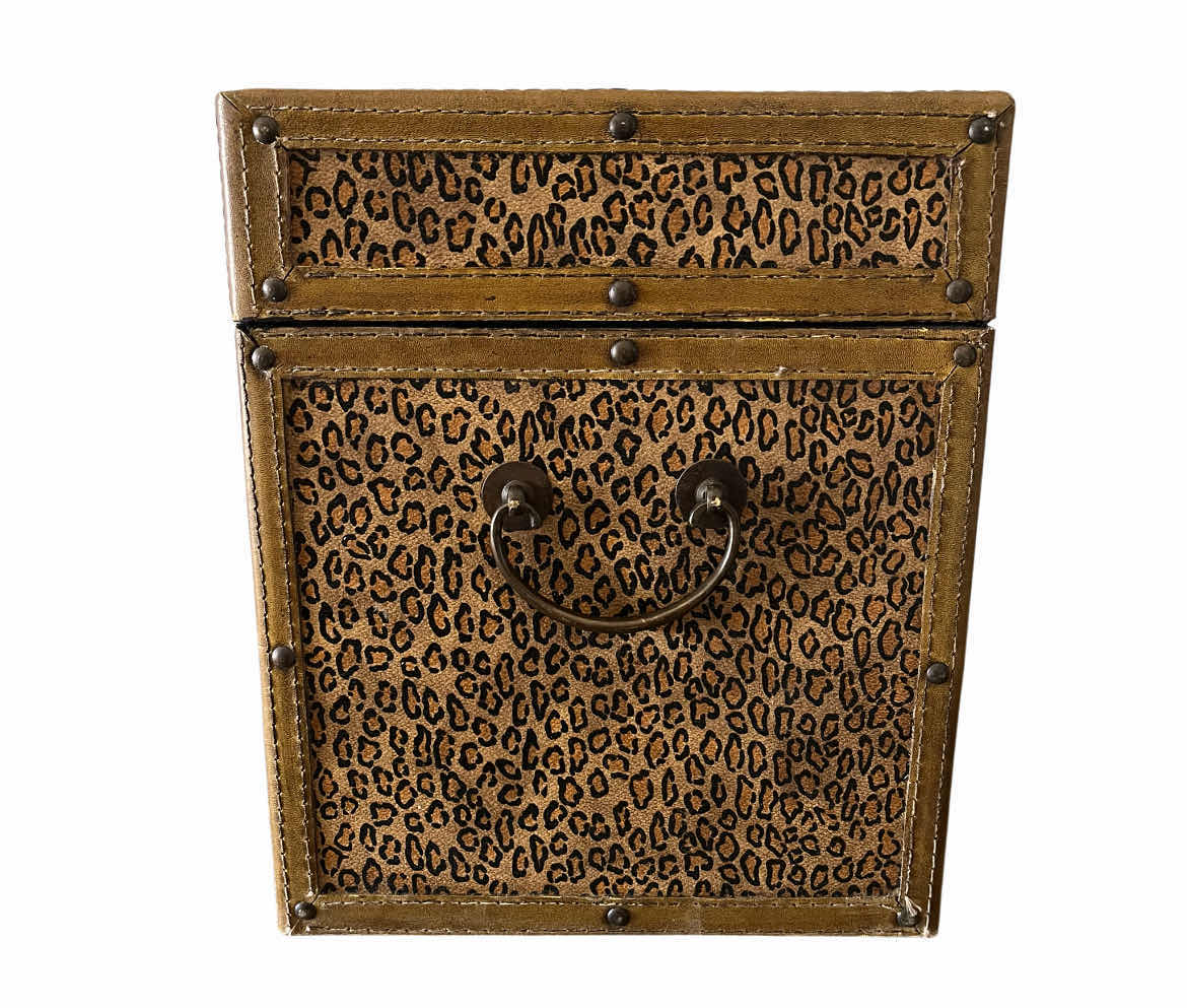 Photo 1 of CHEETAH PRINT LEATHER WRAPPED WOOD TRUNK 11.25” X 7.5” H9”