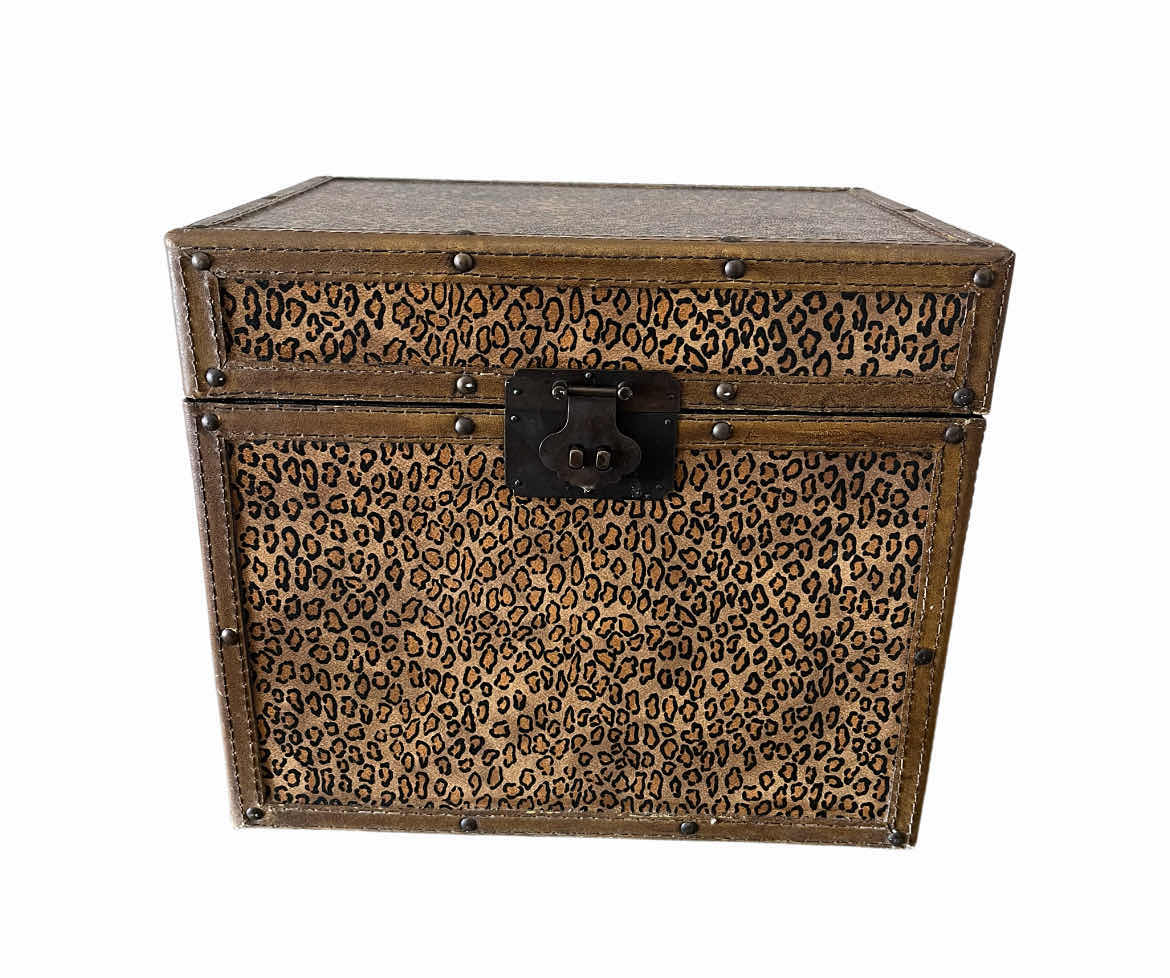 Photo 1 of CHEETAH PRINT LEATHER WRAPPED WOOD TRUNK 11.25” X 7.5” H9”