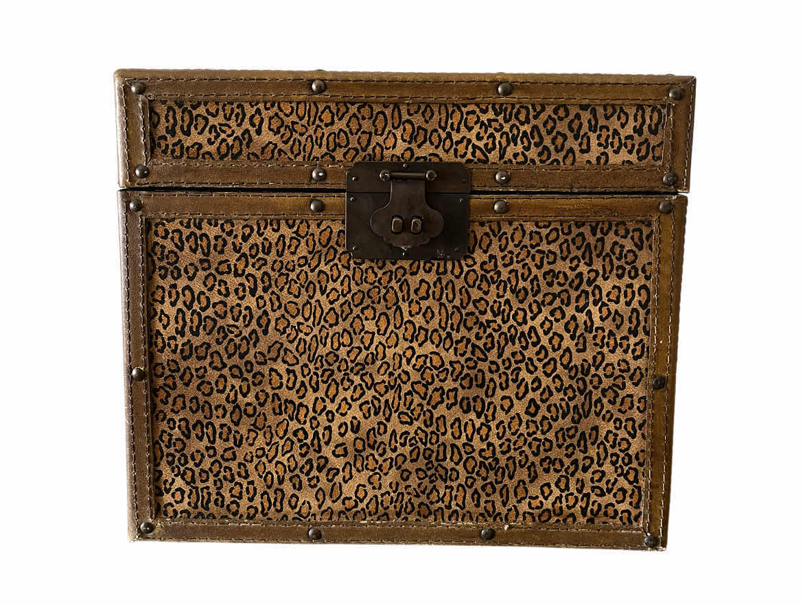 Photo 1 of CHEETAH PRINT LEATHER WRAPPED WOOD TRUNK 11.25” X 7.5” H9”