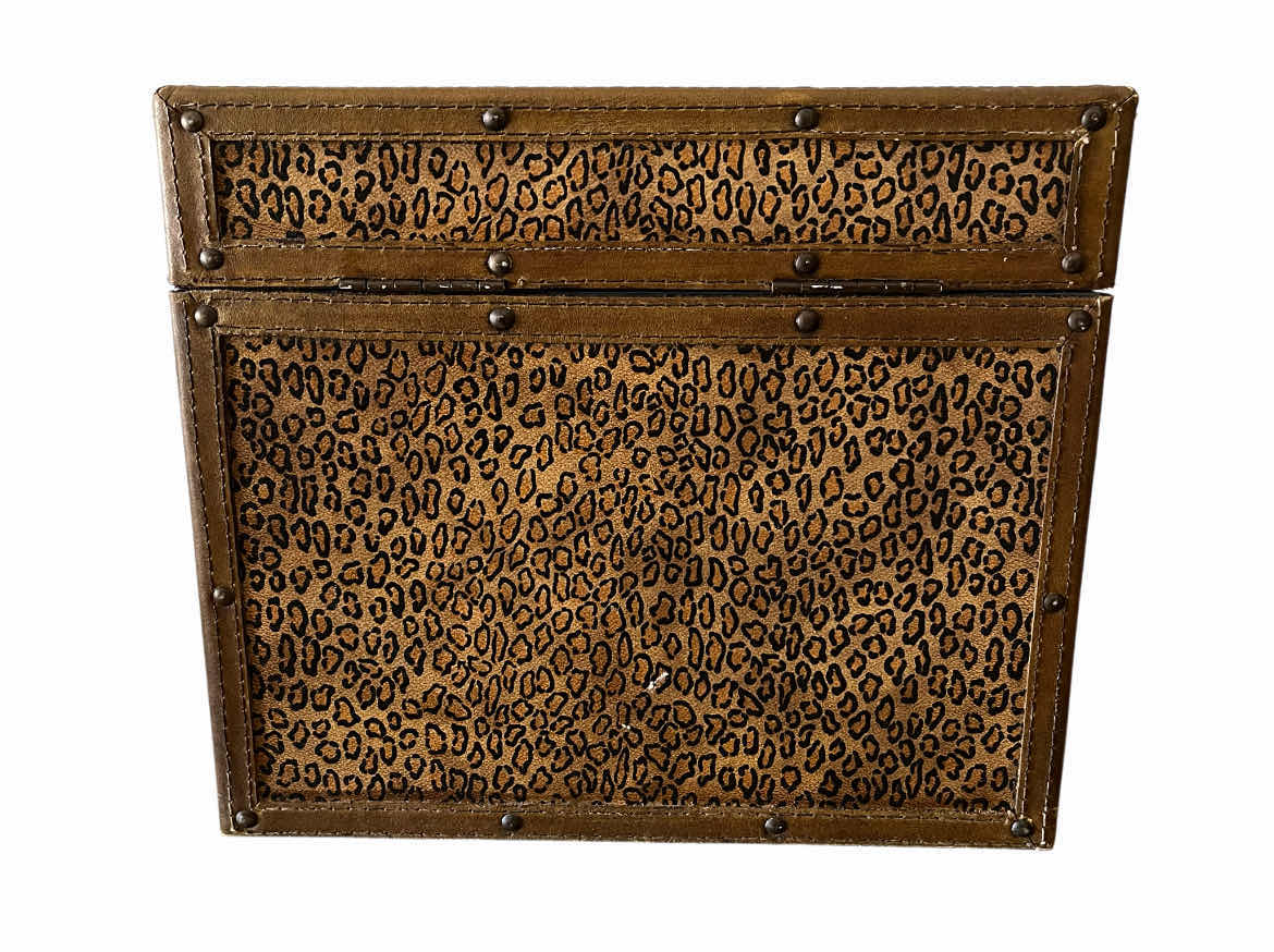 Photo 1 of CHEETAH PRINT LEATHER WRAPPED WOOD TRUNK 11.25” X 7.5” H9”