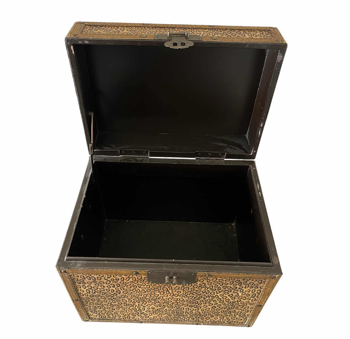 Photo 1 of CHEETAH PRINT LEATHER WRAPPED WOOD TRUNK 11.25” X 7.5” H9”