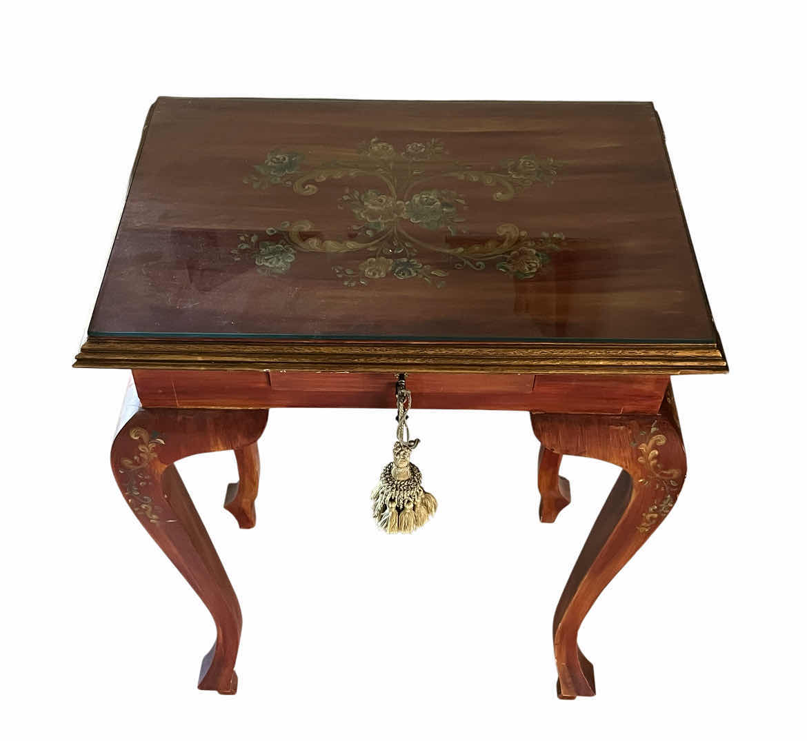 Photo 1 of ANTIQUE GLASS TOP FLORAL PAINTED ACCENT TABLE 23” X 16” H32”