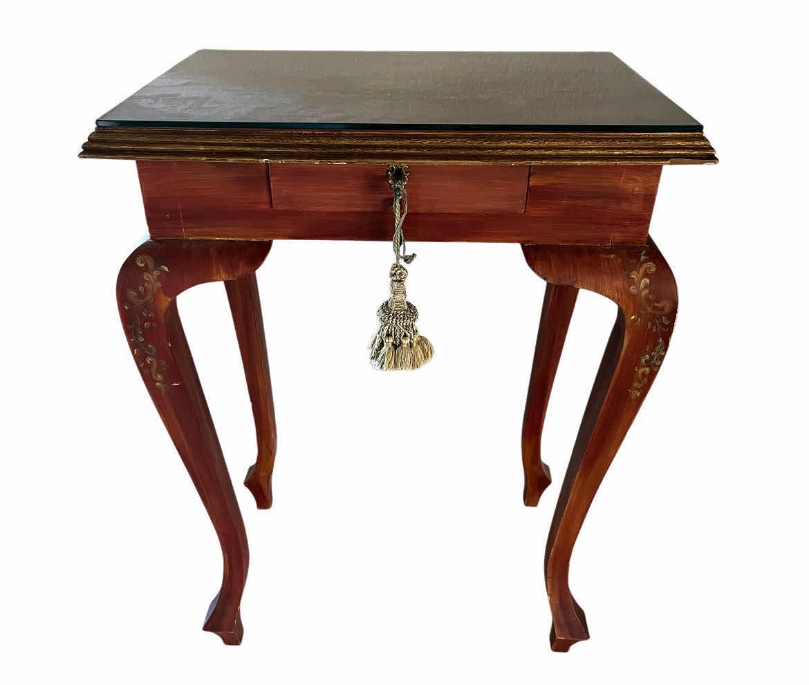 Photo 1 of ANTIQUE GLASS TOP FLORAL PAINTED ACCENT TABLE 23” X 16” H32”