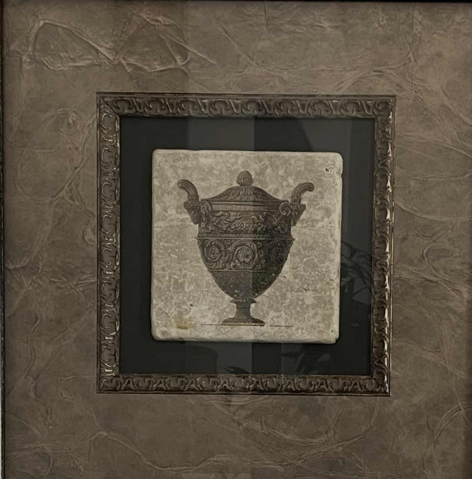 Photo 1 of PAINTED URN STONE TABLET FRAMED ARTWORK 26” X 26”