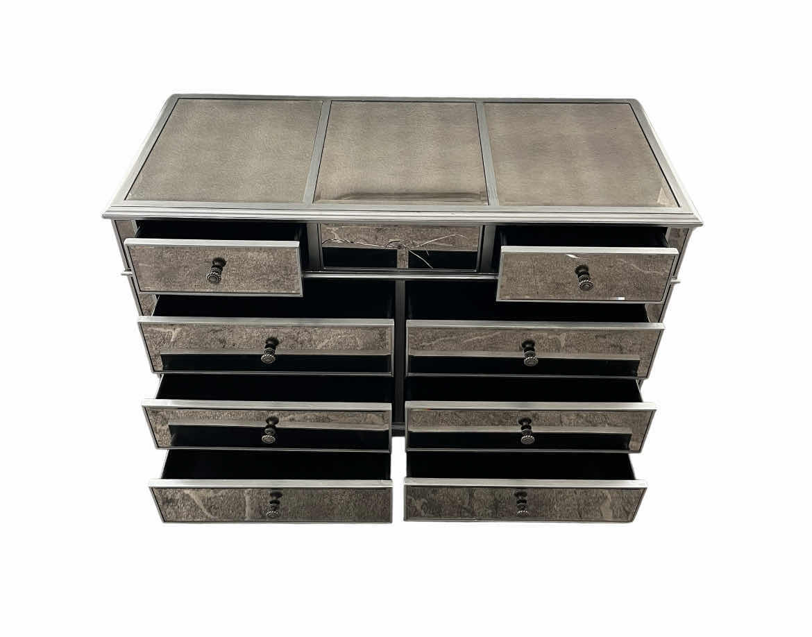 Photo 1 of PIER ONE MIRROR PANELED 9 DRAWER ANTIQUE SILVER FINISH WOOD DRESSER 51.5” X 21.5” H35”