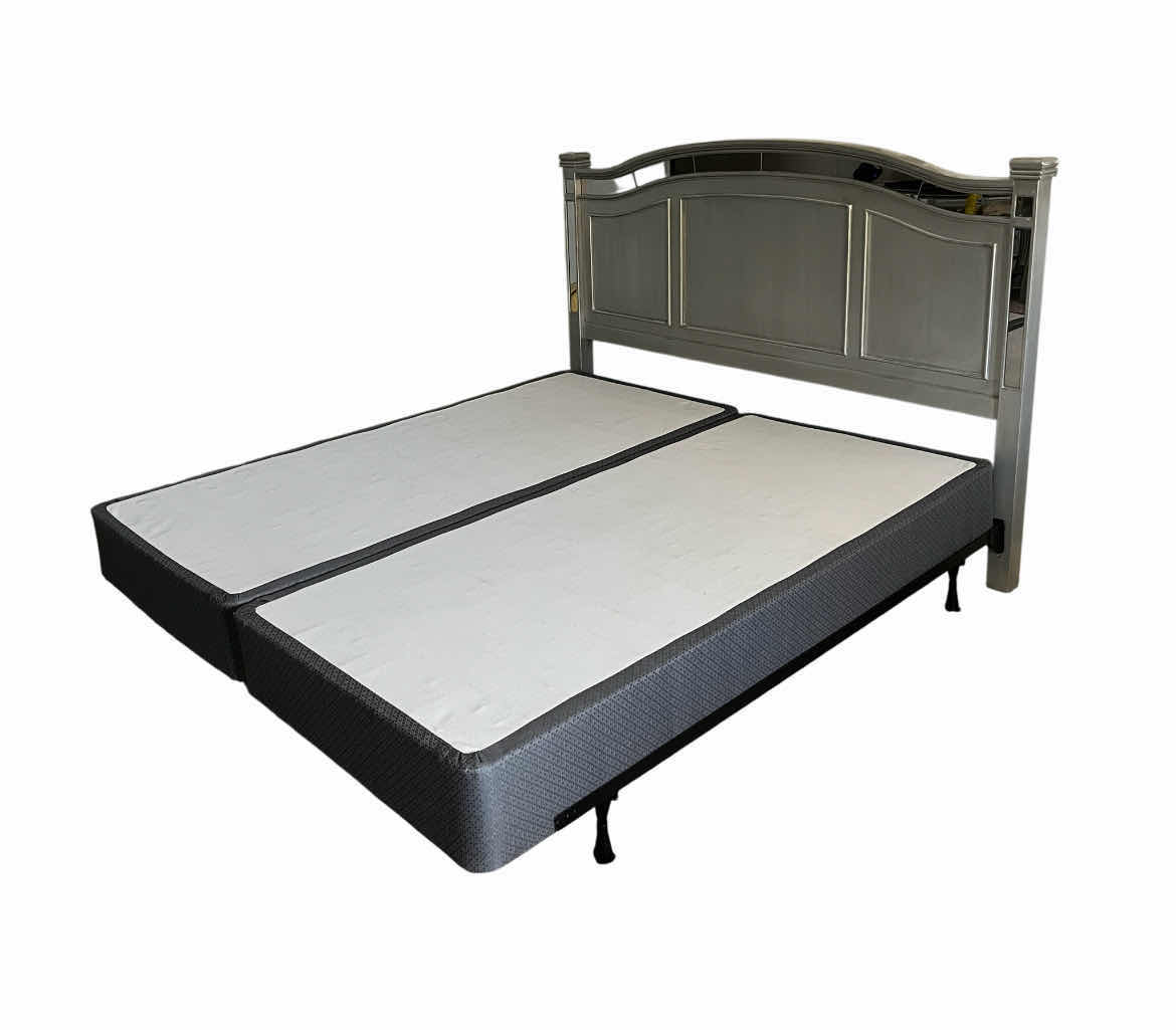 Photo 1 of PIER ONE MIRROR PANELED ANTIQUE SILVER FINISH WOOD KING SIZE BED FRAME W BOX SPRINGS 79” X 82” H54”