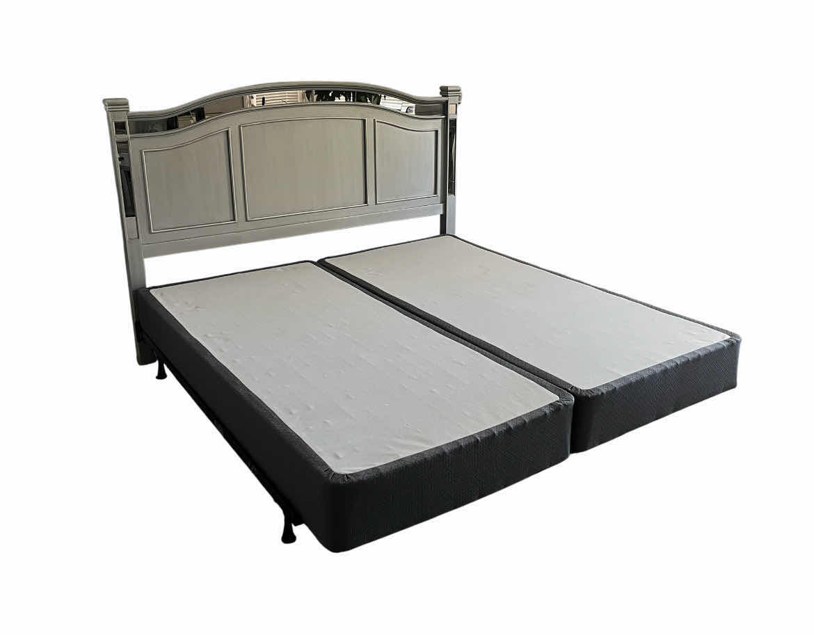 Photo 1 of PIER ONE MIRROR PANELED ANTIQUE SILVER FINISH WOOD KING SIZE BED FRAME W BOX SPRINGS 79” X 82” H54”